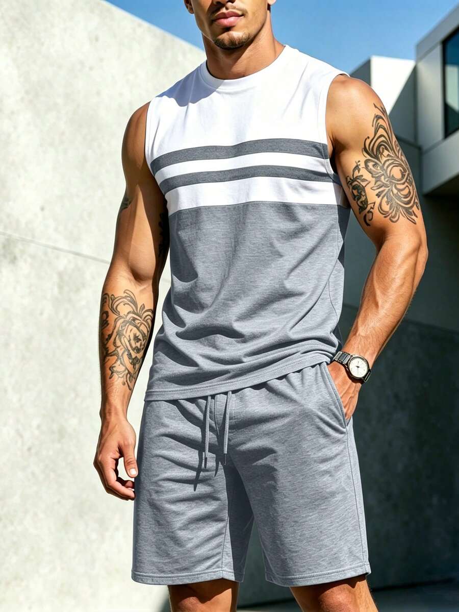 Manfinity Homme Men's Colorblock Crew Neck Top And Shorts Casual Everyday Set - Multicolor - View 1