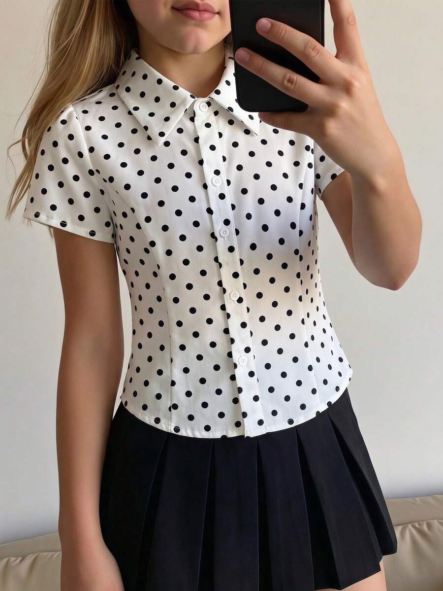 SHEIN 青少年女孩休閒 80 年代可愛優雅白色黑波點短袖上衣,適合返校季與夏季 - 黑與白 - 查看 1