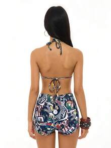 ROMWE Street Life Ensemble de maillot de bain 2 pièces pour femmes, nouveau style d'été avec Top de bikini licou à imprimé graphique vintage de personnages aléatoires et short de plage, convient pour les vacances à la plage et les tenues de fête - Multicolore - Voir 2