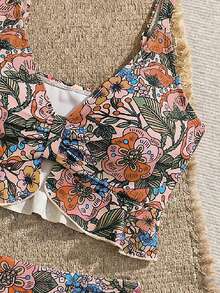 Swim Vcay Atasan Bikini Camisole Seksi Berenda Motif Bunga Tropis untuk Liburan Pantai Musim Panas Wanita - MultiWarna - View 4