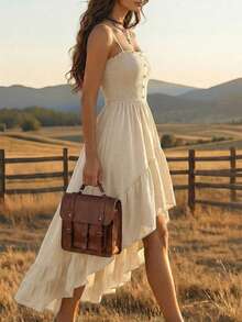 EMERY ROSE Bohemian Style Casual Vacation Front Short Back Long Cinched Waist Women's Mid-Length Dress - Apricot - View 7