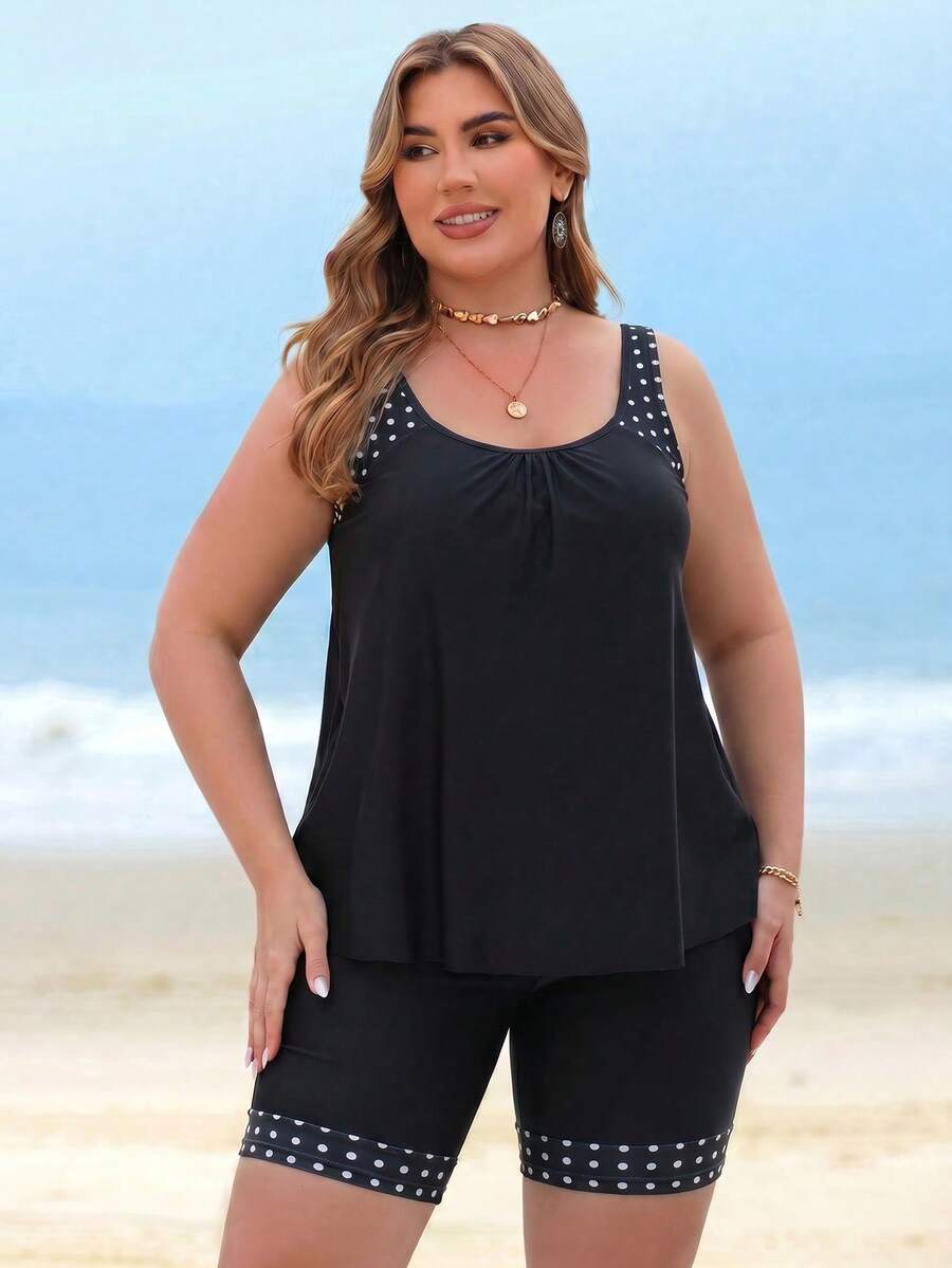 Swim Lushoire Plus Size Women's Pleated Vacation Rhinestone Design Tank Top And Fitted Shorts Swimwear Set - Black - View 1