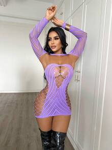 ChaseTheNight Women's 2pcs Mesh Nightgown Loungewear Set,Sexy Lingerie For Women,Adult ,Honeymoon,Date Night,Lingerie,Fishnet Sexy Lingerie,Sexy Outfit - Mauve Purple - View 4