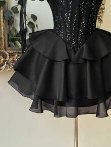 Lovelzi Elegant Glamorous Black Sequin 3D Applique Off-Shoulder Corset Boned Ruched Tiered Layered Ruffle A-Line Mini Dress Prom Homecoming Cocktail Party - Black - View 8