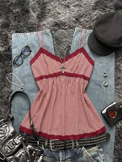 Attitoon Damen Lässig Vintage Rotes Karo Babydoll Tanktop, Spitzen-Patchwork, Y2K-Stil, Sommerkleidung
