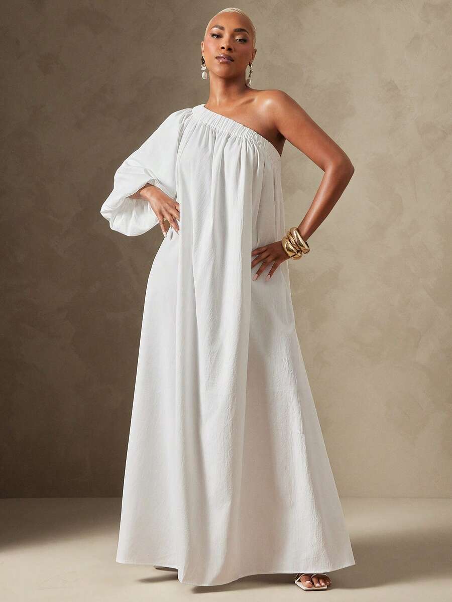 Vixey Solid Woven Twill One Shoulder Petal Sleeve Midi Flowy Dress With Pockets, Resort Wear, Beach To Dinner, Resort Chic, Vacation Ready, Cruise Outfit - Beige - View 1