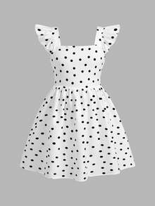 SHEIN Tween Girl 圓點編織方領荷葉邊露背蝴蝶結休閒洋裝 - 彩色 - 查看 5