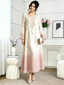 SHEIN Najma 碎花V领长袖连衣裙，优雅渐变碎花连衣裙，春夏时尚 - 彩色 - 查看 6