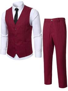 Manfinity Mode Men's Fashion Striped Vest & Pants Suit Set - Burgundy - View 3