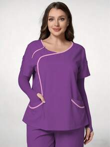 TaskEZ Deep Purple Plus Size Women's Fashion V-Neck Short Sleeve Contrast Color Patchwork Trim Uniform, Double Pocket Nurse Scrub Top, Summer Work Uniform - Multicolor - View 1
