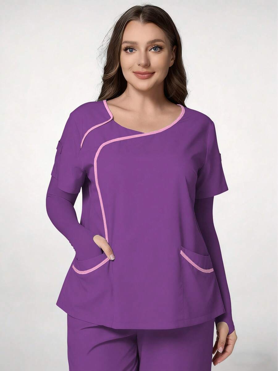 TaskEZ Deep Purple Plus Size Women's Fashion V-Neck Short Sleeve Contrast Color Patchwork Trim Uniform, Double Pocket Nurse Scrub Top, Summer Work Uniform - Multicolor - View 1