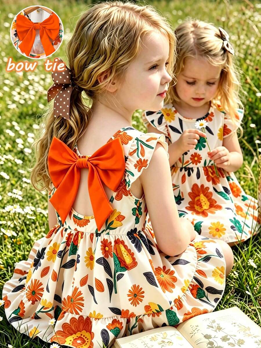 SHEIN Elladie kids 女童（小号）春夏新款休闲时尚连衣裙，彩色花卉数码印花图案，圆领无袖荷叶袖，露背蝴蝶结装饰，腰部褶皱荷叶边下摆，适合年轻女孩穿着，可爱、舒适、优雅，适合日常、上学、外出、聚会、度假等场合。