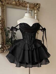 Lovelzi Elegant Glamorous Black Sequin 3D Applique Off-Shoulder Corset Boned Ruched Tiered Layered Ruffle A-Line Mini Dress Prom Homecoming Cocktail Party - Black - View 6