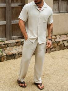 VENTUSAIL 男士舒適細斜紋布短袖襯衫與抽繩鬆緊腰長褲，襯衫配有織帶飾邊袖口與單口袋，適合休閒度假、朋友約會、雞尾酒會、沙龍、聚餐、日常辦公、極簡商務，特別適合春夏季節，適合個人穿著或作為送給朋友的禮物 - 卡其色 - 查看 6