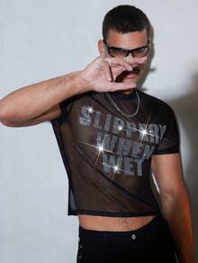FeverCity Men's Summer Sexy Rhinestone Decor Sheer Mesh T-Shirt - Black - View 4