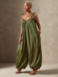 Vixey Lightweight Woven Self Tie Cami Strap Balloon Leg Jumpsuit, Resort Wear, Beach To Dinner, Resort Chic, Vacation Ready, Cruise Outfit, Vacation Outfit - Army Green - View 5