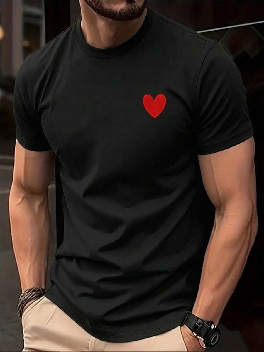 Manfinity Dauomo Hombres Camiseta con bordado de corazón - Negro - Ver 1