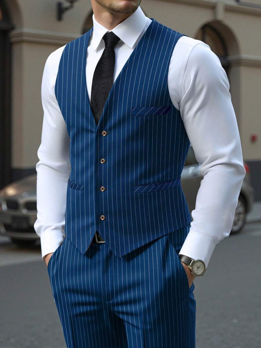 Manfinity Mode Conjunto de chaleco y pantalones a rayas de moda para hombres - Neblina azul - Ver 1