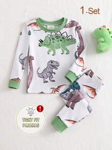 男嬰睡衣 2 件組 可愛恐龍印花長袖褲子針織柔軟貼身居家服套裝圓領棉質卡通動物秋冬款 - 淺灰色 - 查看 6
