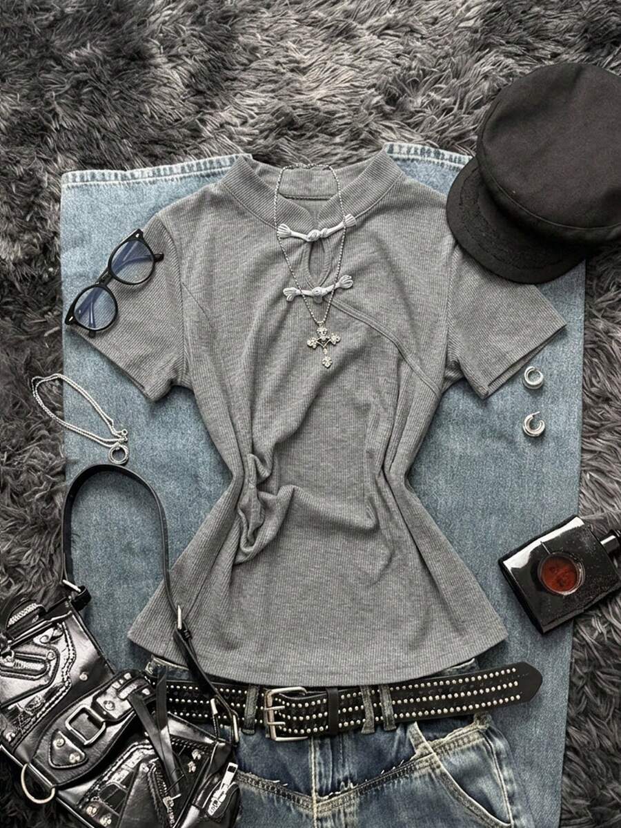 Attitoon Women's Casual Vintage Frog Button Fitted Short Sleeve T-Shirt, Women's New Chinese Style Clothing, Vintage, Cheongsam T-Shirt, Women's Summer Outfit - Dark Grey - View 1