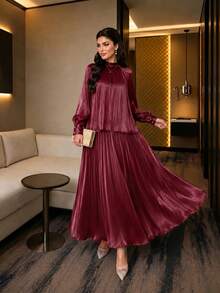 Auveirra Elegante conjunto de 2 piezas para mujer talla grande para primavera/verano: Blusa de manga larga suelta con cuello de corbata de gasa y falda evasé para estar en casa - Burdeos - Ver 10