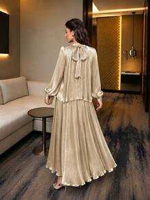 Auveirra Elegant Modest Women's 2-Piece Set Champagne Formal Autumn Chiffon Tie-Neck Loose Long Sleeve Top & A-Line Skirt Plus Size Commuting Sets - Apricot - View 2