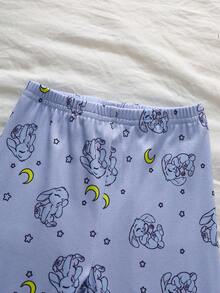 2pcs/Set Girls' Knit Round Neck Short Sleeve Long Pants Blue & White Cartoon Cute Funny Painted Rabbit Simple Casual Comfortable Soft Fitted Loungewear Set Summer - Blue and White - View 5