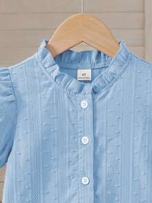 SHEIN Elladie kids 女童休閒短袖棉質提花布料，柔軟蓬鬆，新時尚，度假與旅行必備，適合外出、休閒穿著與派對 - 藍色 - 查看 3