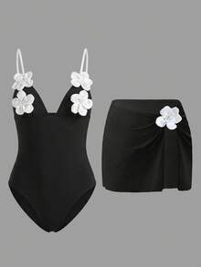 Bellisia Women's 3D Floral Decor Spaghetti Strap One-Piece Swimsuit And Skirt Set, Suitable For Beach Vacation, Pool Party, Beach Party Black Summer Tropical - Black - View 7