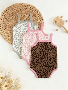 1 Pc Random Newborn Baby Retro Leopard Print And Polo Knight Logo Print Suspender Bodysuits - Multicolor - View 3