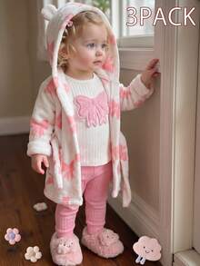 3pcs Newborn Baby Girls'white And Pink Pajama Set,Cute Cloud Print Plush Hoodie Robe,Long Sleeve Ribbed Top & Pants,Autumn Holiday Winter Outfit - Baby Pink - View 8
