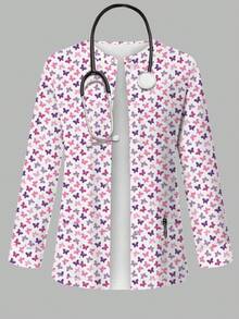 TaskEZ Floral White Butterfly Pattern Scrub Jacket, Autumn Fashion Cardigan With Ear Loop Design Women Nurse Uniform Top Healthcare Work Maid Police Officer - Multicolor - View 1