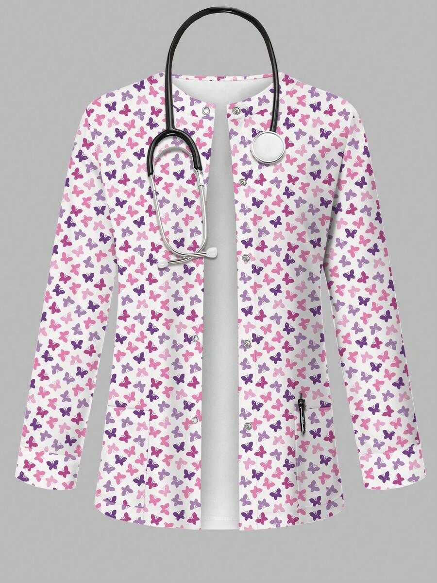 TaskEZ Floral White Butterfly Pattern Scrub Jacket, Autumn Fashion Cardigan With Ear Loop Design Women Nurse Uniform Top Healthcare Work Maid Police Officer - Multicolor - View 1