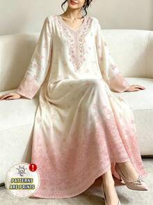 SHEIN Najma 碎花V领长袖连衣裙，优雅渐变碎花连衣裙，春夏时尚 - 彩色 - 查看 1