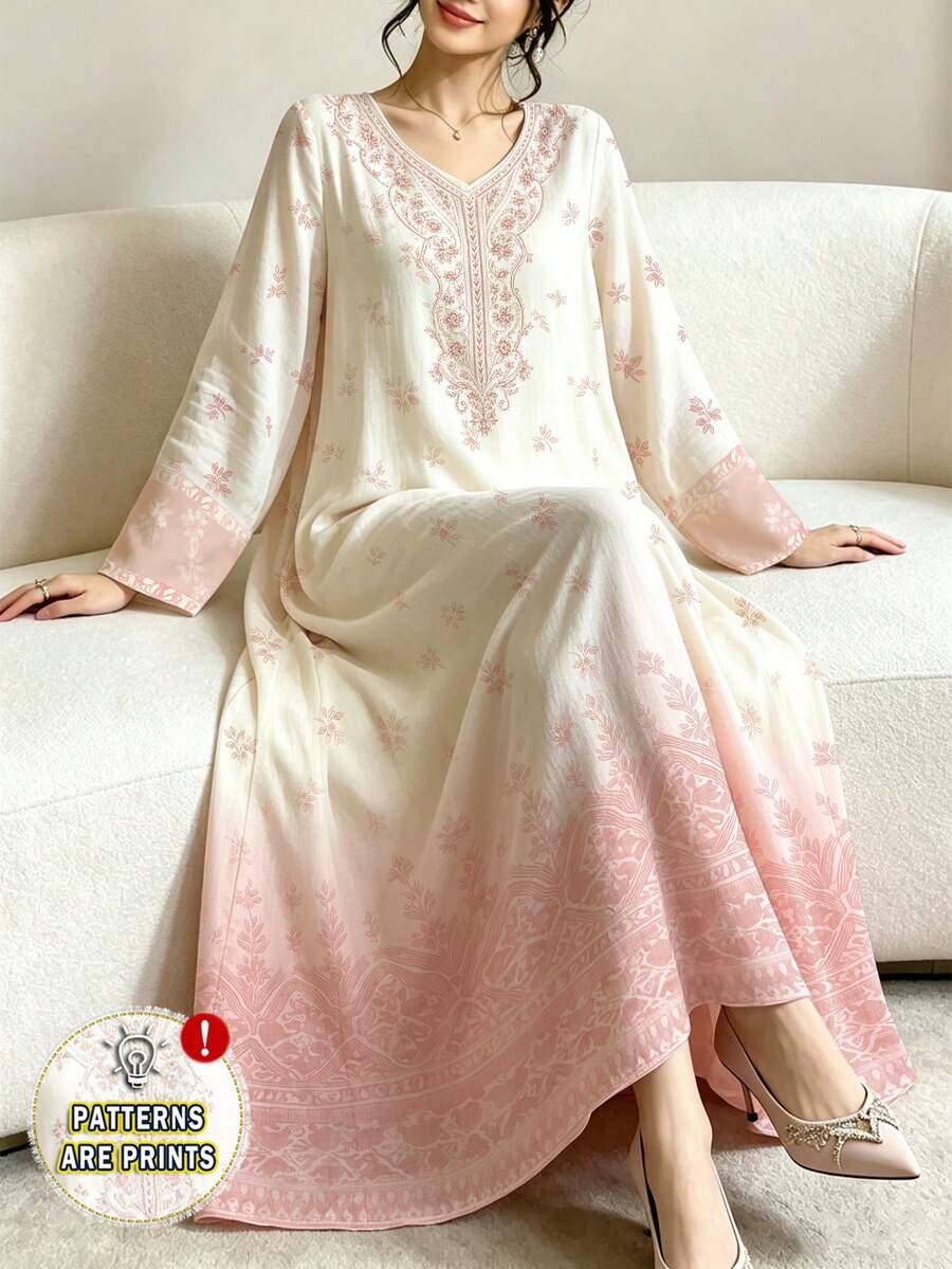 SHEIN Najma 碎花V领长袖连衣裙,优雅渐变碎花连衣裙,春夏时尚 - 彩色 - 查看 1
