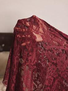 Slumberist Burgundy French Eyelash Lace Cami Ruched Sheer High Slit Asymmetrical Long Mermaid Sexy Women's Nightgown - Burgundy - View 8