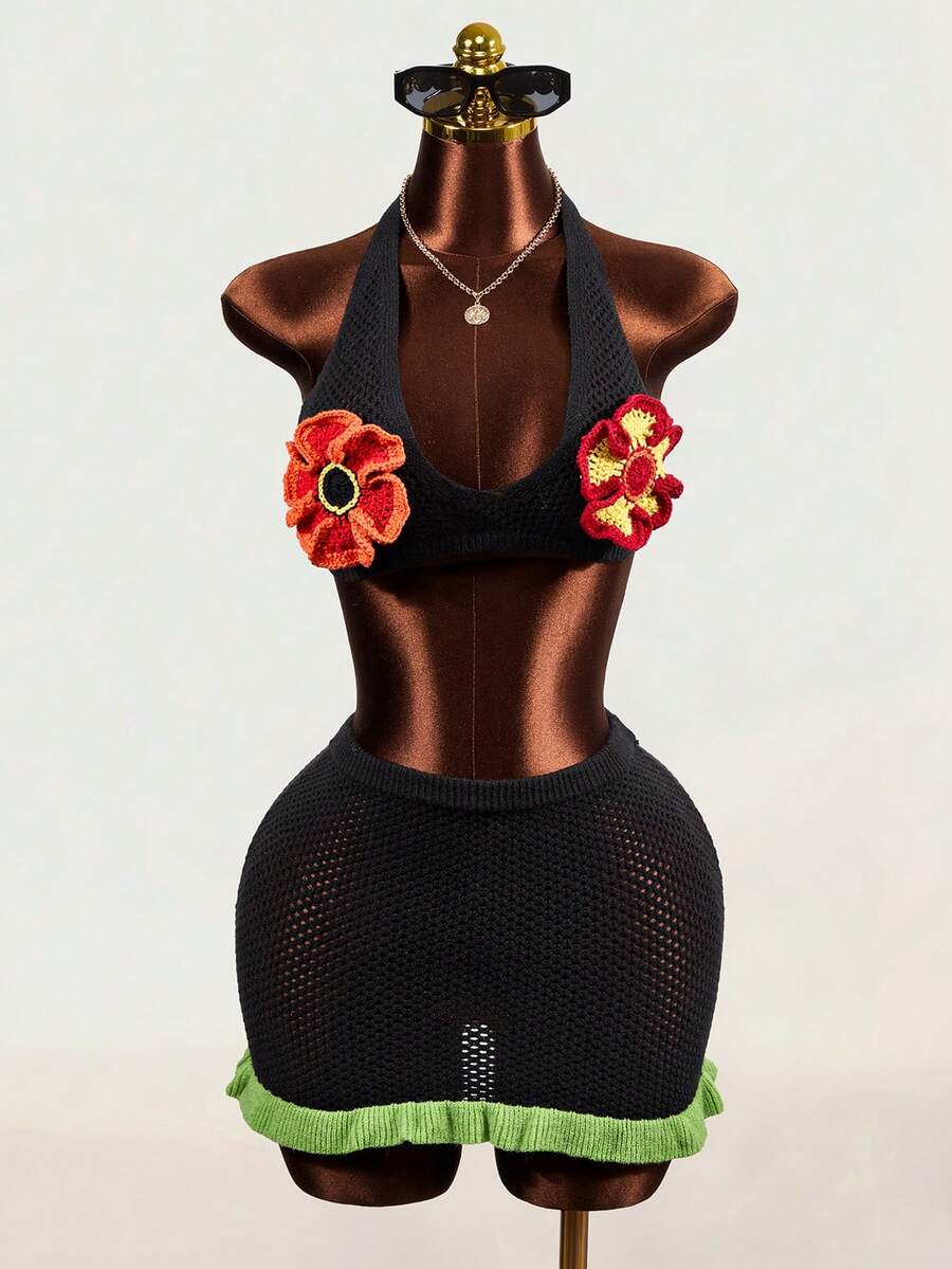Mistrie Women's Sweater Two Pieces Set Short-Sleeved Knitted Top Fashionable Slim Sexy Boho Vacation Style Short Skirt Commuting Spicy Girl Beach Black Floral - Black - View 1