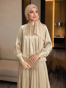 Auveirra Elegant Modest Women's 2-Piece Set Champagne Formal Autumn Chiffon Tie-Neck Loose Long Sleeve Top & A-Line Skirt Plus Size Commuting Sets - Apricot - View 7