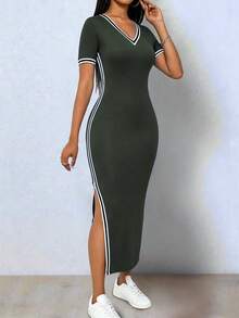 Elenzga Elegant Casual Fashion Dark Green Contrast Color Elastic Knit Fitted Single Hem Slit V-Neck Short Sleeve Dress For Women Occasion Summer - Dark Grey - View 7