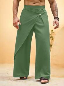 VENTUSAIL Men's Solid Color Deconstructed Pleated Loose Fit Long Pants - Army Green - View 3