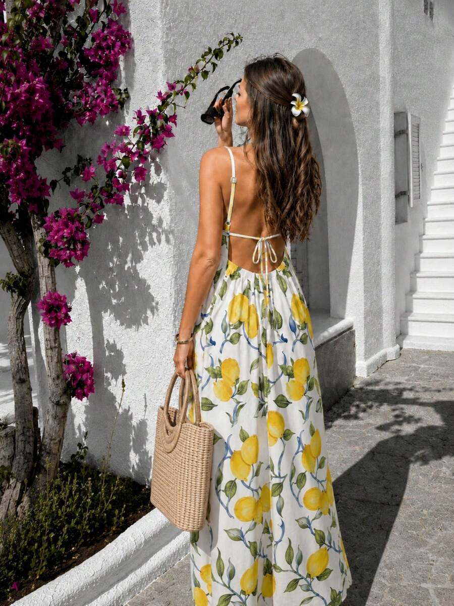 Cévolie Women's Summer Vacation Fruit Print Backless Camisole Dress - Multicolor - View 1