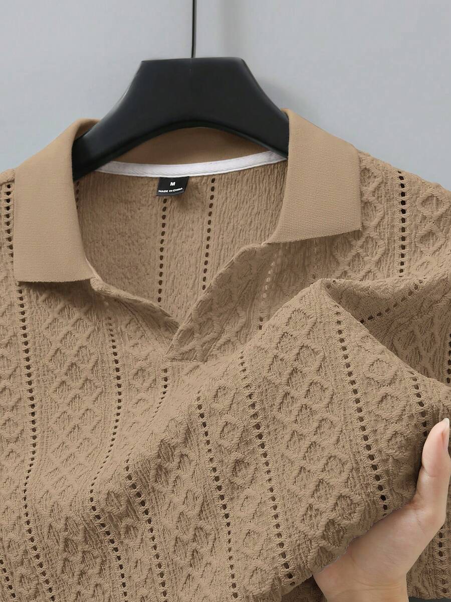 VENTUSAIL 男士短袖紋理布料 Polo 衫,適合外出、聚會與度假穿著 - 卡其色 - 查看 1