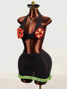 Mistrie Women's Sweater Two Pieces Set Short-Sleeved Knitted Top Fashionable Slim Sexy Boho Vacation Style Short Skirt Commuting Spicy Girl Beach Black Floral - Black - View 4