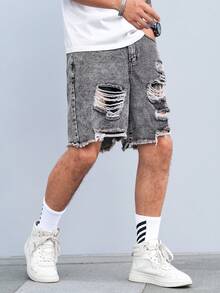 Manfinity Roughcore Quần short denim thiết kế hình thang rộng rãi cho nam - Xám - Xem 6
