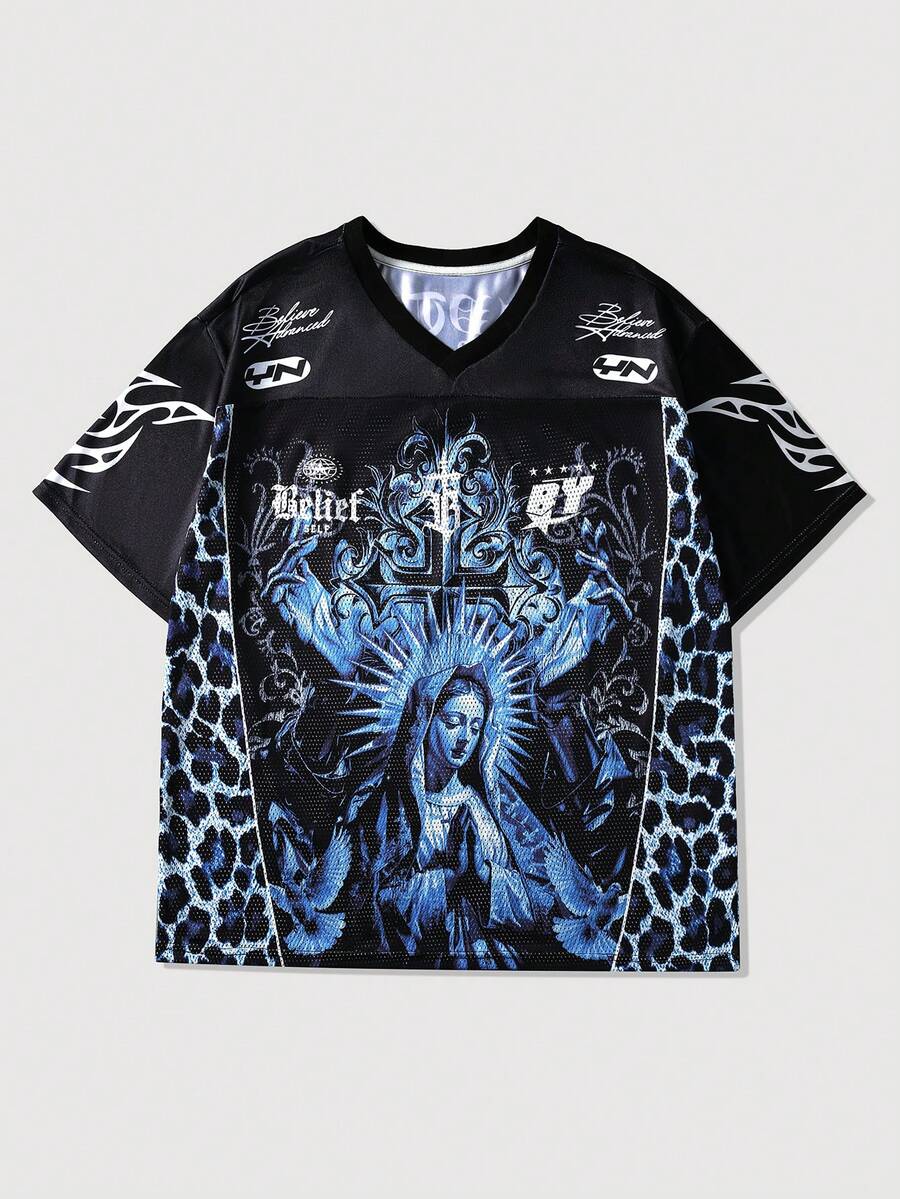 ROMWE MEN Street Life Men's Mesh Patchwork Short Sleeve Sports T-Shirt Jersey - Blue - View 1