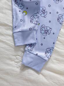 2pcs/Set Girls' Knit Round Neck Short Sleeve Long Pants Blue & White Cartoon Cute Funny Painted Rabbit Simple Casual Comfortable Soft Fitted Loungewear Set Summer - Blue and White - View 7