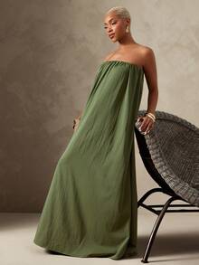 Vixey Solid Woven Sweetheart Neckline Flowy Maxi Strapless Dress, Resort Wear, Beach Vacation To Dinner, Resort Chic, Cruise Outfit, Olive Green Summer - Army Green - View 1
