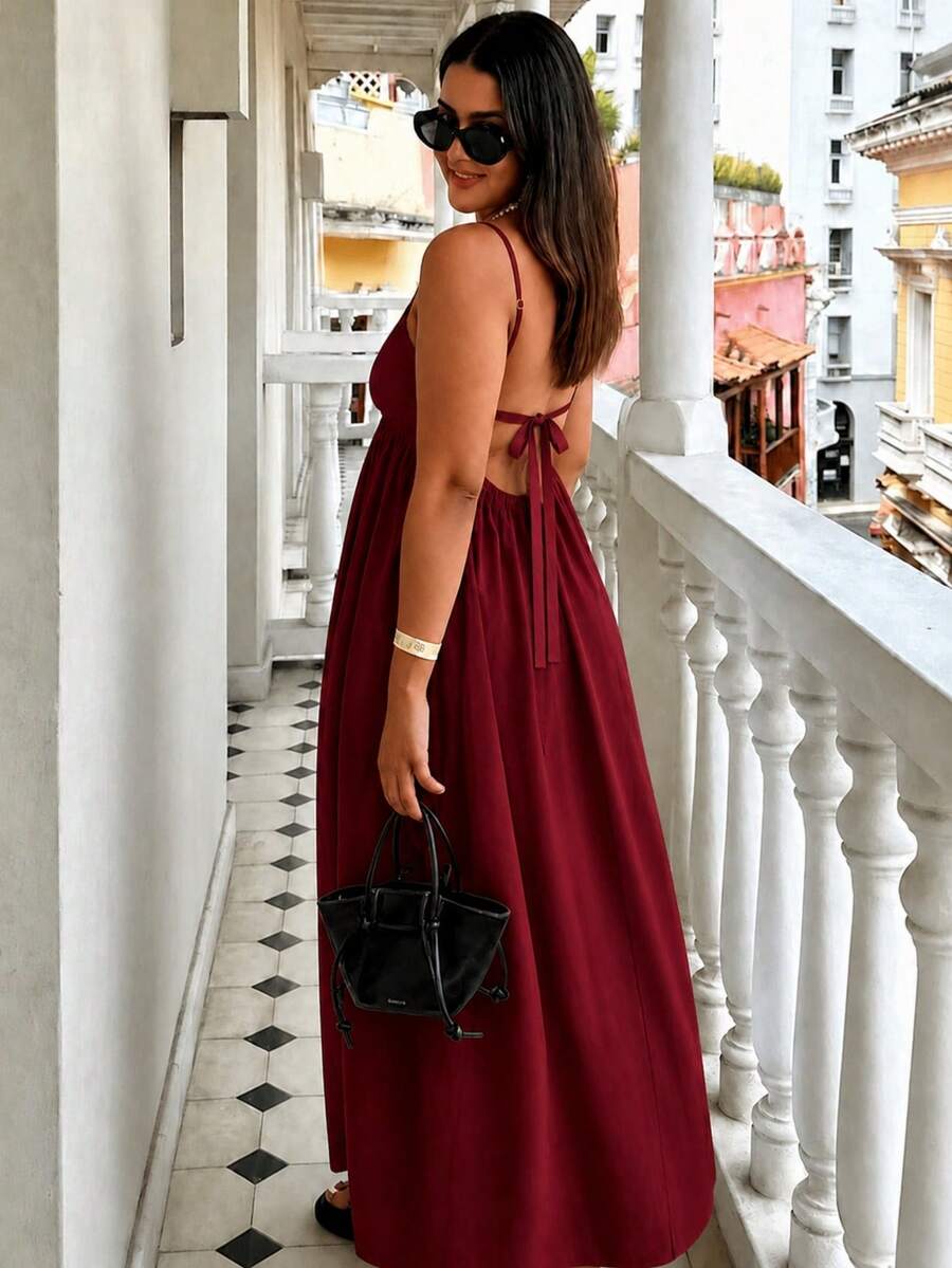 Cévolie Plus Size Slimming Backless Spaghetti Strap Dress, High Waist Tummy Control Flattering Design, Flowy Draping Fabric, Summer Vacation Elegant Burgundy - Burgundy - View 1