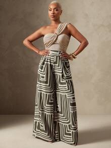 Vixey Geometric Print High Waist Pleated Wide Leg Pants, Resort Wear, Beach To Dinner, Resort Chic, Vacation Ready, Vacation Pants - Army Green - View 2