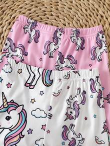 4pcs/Set Young Girl' Cartoon Unicorn Print Short Sleeve Top And Shorts Set, White & Pink Knit Round Neck, Comfortable Stretchy Pajamas For Summer - Multicolor - View 7